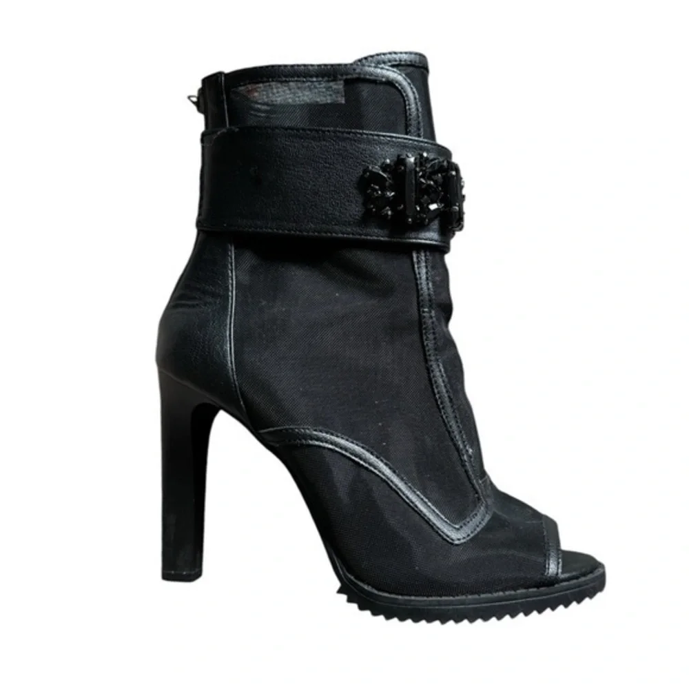 Karl Lagerfeld Black Peep-Toe Ankle Booties with Embellished Strap